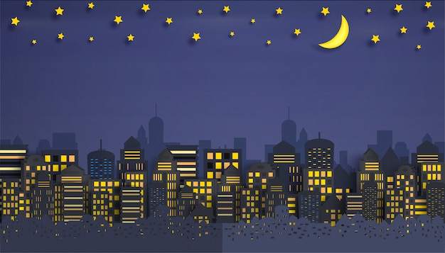 Vector paisaje urbano con grupo de rascacielos en la noche.