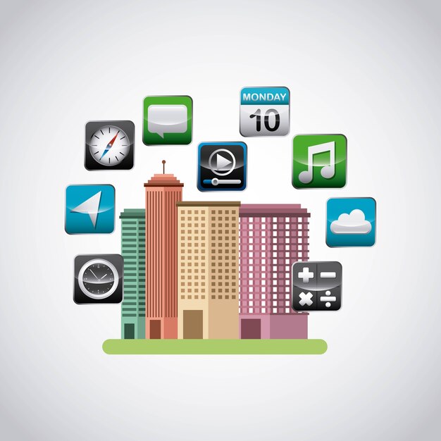 paisaje urbano con iconos de la tienda de aplicaciones