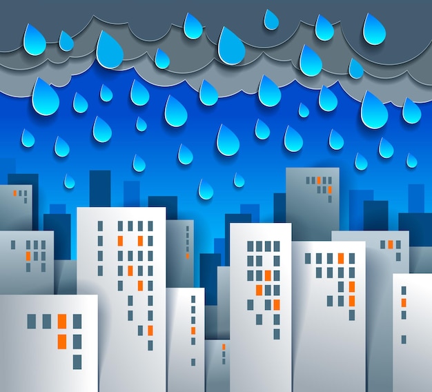 Paisaje urbano bajo la ilustración de vector de dibujos animados de lluvia en estilo de aplicación de niños de corte de papel, edificios de alta ciudad casas de propiedad real y cielo nublado lluvioso.