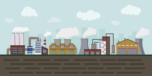 Paisaje urbano de la industria fabril con planta de fabricación panorama del edificio zona de instalaciones de almacén fuera del área de la ciudad con pancarta exterior de humo Ilustración vectorial de producción industrial