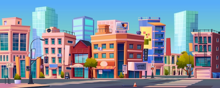 Vector paisaje urbano con infraestructura de carreteras de rascacielos