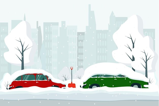 Paisaje urbano de invierno con coches en un ventisquero. La ciudad estaba cubierta por una gran nevada.