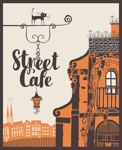 Vector paisaje urbano con un letrero para un café de la ciudad