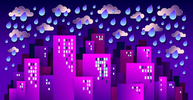 Paisaje urbano bajo la lluvia en la ilustración de vector de dibujos animados de noche en estilo de aplicación de niños de corte de papel, edificios de alta ciudad casas de propiedad real y cielo nublado lluvioso a medianoche.