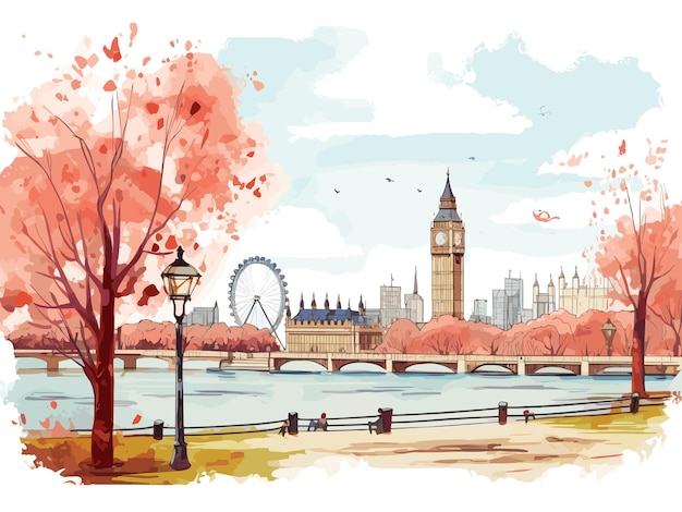 Paisaje urbano de Londres en otoño con el Big Ben y la rueda gigante visibles