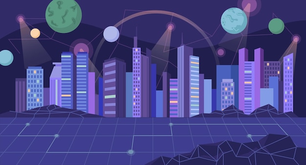 Paisaje urbano de metaverso con planetas y vector espacial