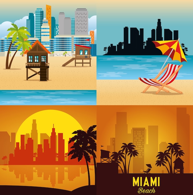 Vector paisaje urbano de miami beach set escenas ilustración vectorial diseño