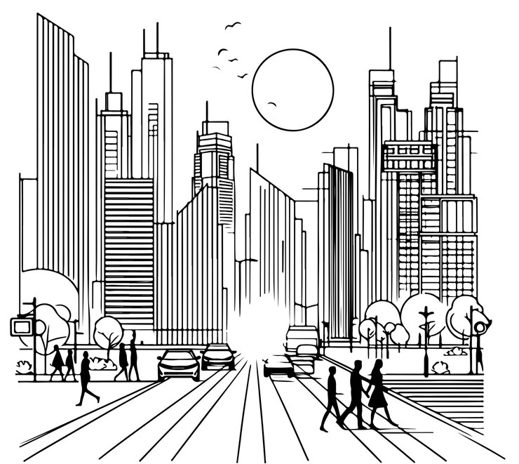 Paisaje urbano moderno gente de automóviles boceto de línea dibujado a mano