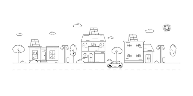 Paisaje urbano monocromo con calle de la ciudad o distrito. Trazo editable. El ahorro de energía. Energía ecológica. Paisaje urbano con casas vivas dibujadas con curvas de nivel. Ilustración de vector de estilo lineart.