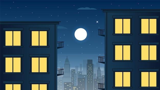 Paisaje urbano nocturno con edificios iluminados y luna