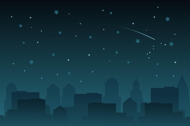 Paisaje urbano nocturno Ilustración vectorial de la ciudad nocturna con edificios altos estrellas y estrellas fugaces