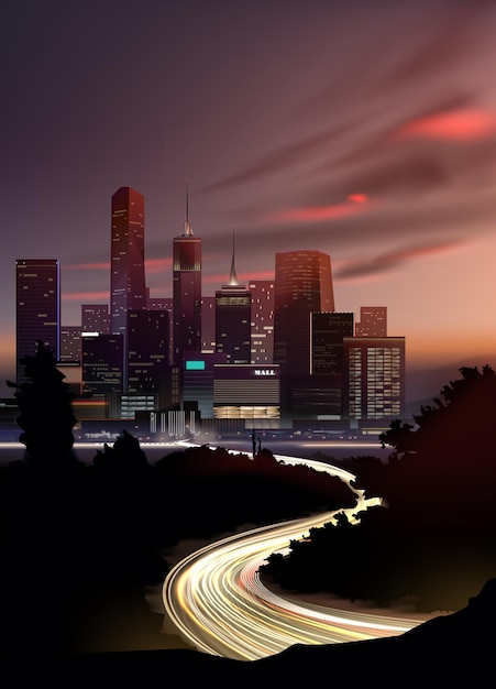 Vector paisaje urbano nocturno realista con rascacielos y carreteras con luces del movimiento de los automóviles