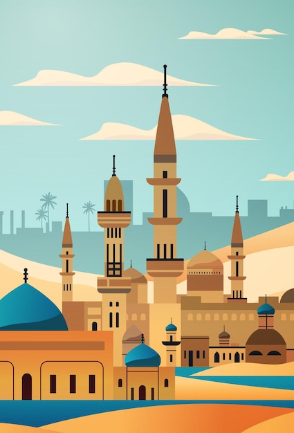 Paisaje urbano de Oriente Medio con cúpulas y minaretes, fondo desértico, palmeras, cielo despejado, elementos de diseño de concepto de viaje.