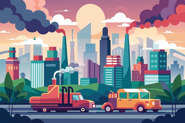 Vector un paisaje urbano oscurecido por el espeso smog que ilustra los efectos dañinos de las emisiones de los vehículos y la contaminación industrial