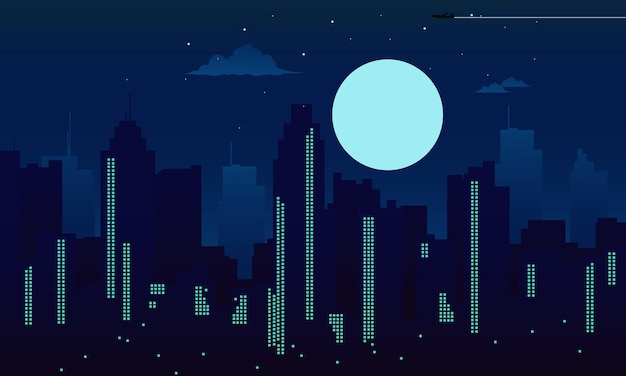 Un paisaje urbano oscuro con una luna en el cielo