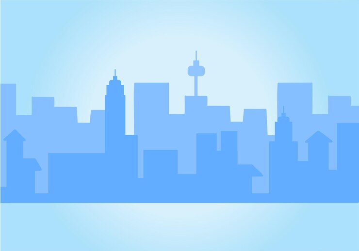 Paisaje urbano plano por la mañana con cielo azul, nubes blancas y sol. Ilustración del horizonte urbano de la ciudad.