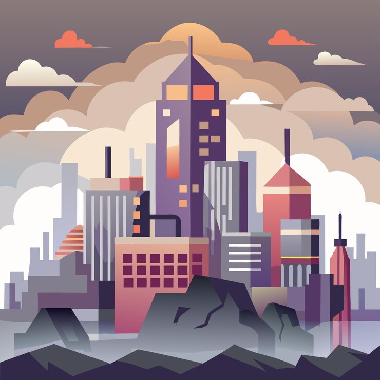 Un paisaje urbano sereno y misterioso envuelto en niebla de ilustraciones de arte vectorial