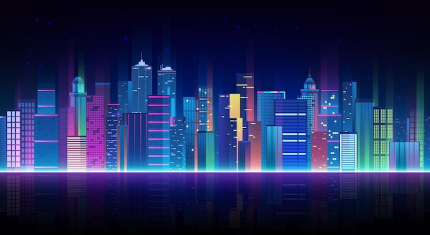 Vector paisaje urbano sobre un fondo oscuro con neón brillante y resplandeciente