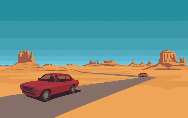 Vector paisaje con valle desierto y coches
