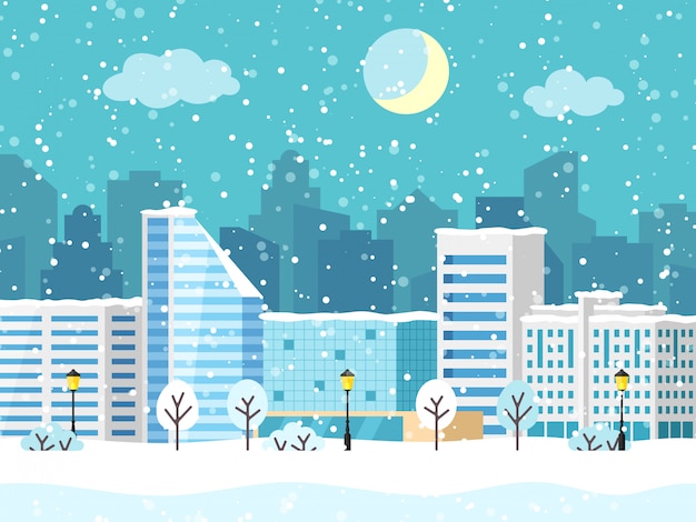 Paisaje de vector de Navidad invierno ciudad con edificio
