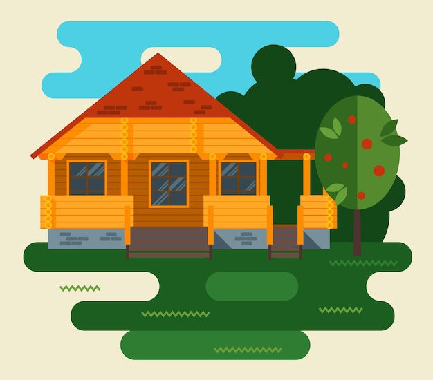 Vector paisaje de vector de verano con casa y árbol en el bosque