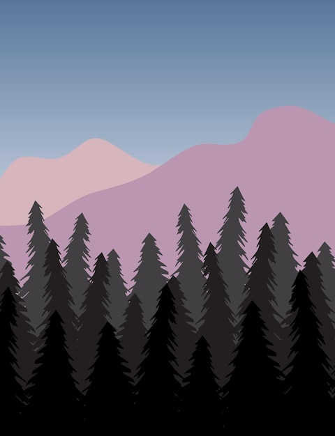 Vector paisaje vectorial con bosque de abetos y montaña.