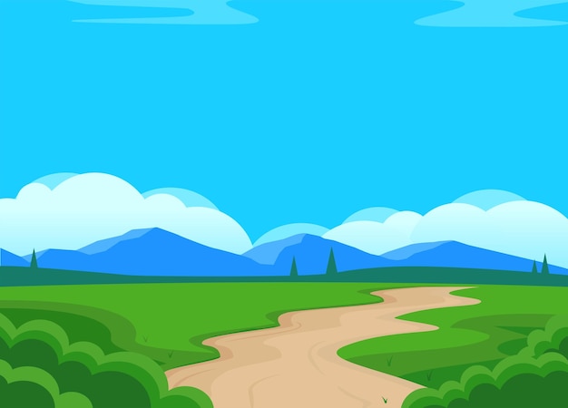 Vector paisaje vectorial en estilo de dibujos animados con campo camino polvoriento montañas en el fondo y nubes césped verde naturaleza ilustración camino