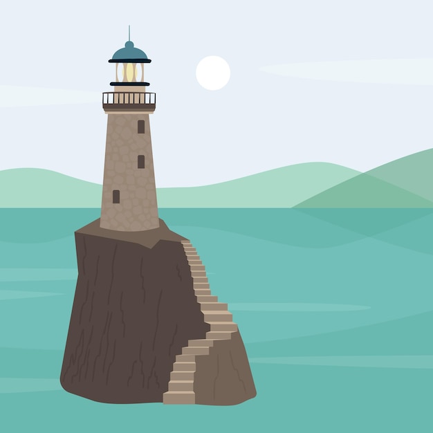 Paisaje vectorial con faro en la roca y mar azul al estilo plano. Paisaje con mar y montaña.