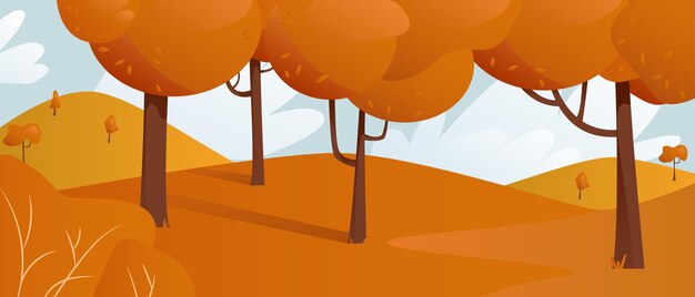 Paisaje vectorial de glade otoñal y colinas con naranjos