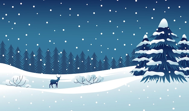 Paisaje vectorial de invierno en estilo plano minimalista con árboles nevados ciervos