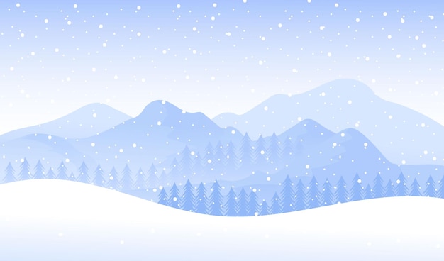 Paisaje vectorial de invierno en estilo plano minimalista con árboles nevados y montañas