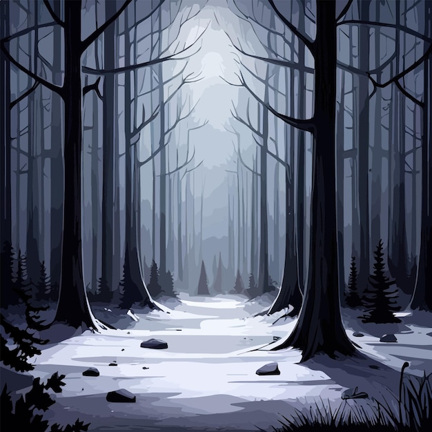 Paisaje vectorial de invierno nocturno con casa y fondo de bosque oscuro Ilustración vectorial d una cabaña