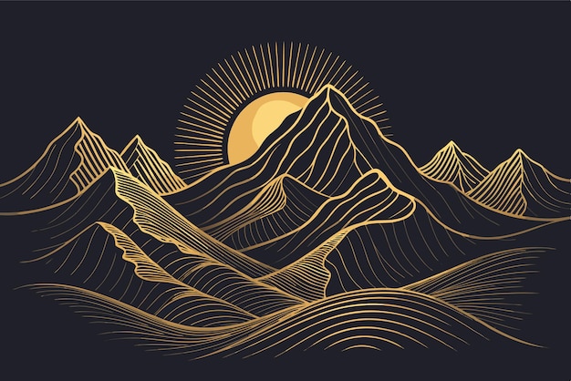 Paisaje vectorial minimalista y elegante de montañas con sol y arte lineal dorado