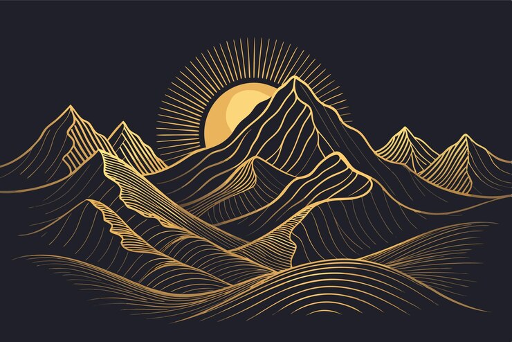 Paisaje vectorial minimalista y elegante de montañas con sol y arte lineal dorado