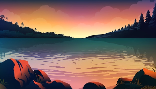Vector paisaje vectorial natural del lago al atardecer con un diseño de colores vibrantes y brillantes