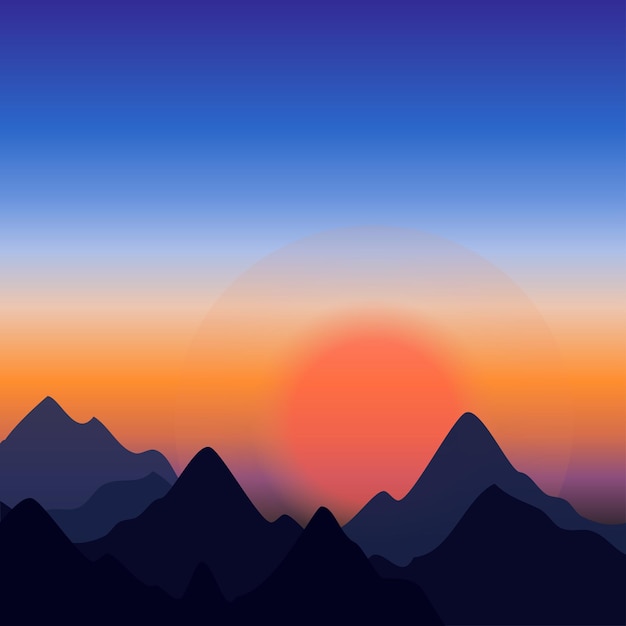 Vector paisaje vectorial con puesta de sol en las montañas