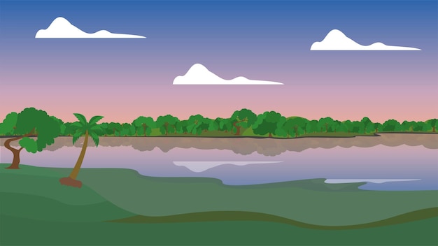 Paisaje vectorial con río que fluye a través de colinas bosque de campos verdes escénicos