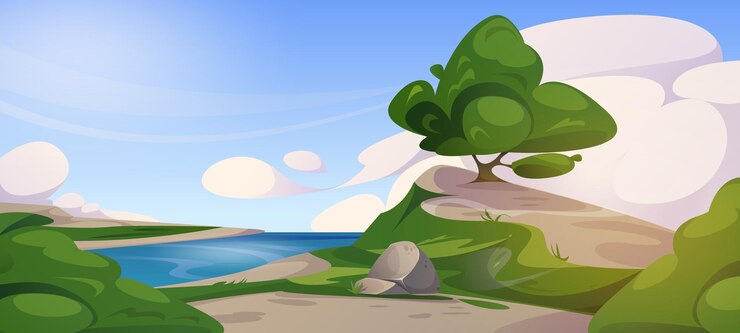 Paisaje de verano con árboles y arbustos de sendero Ilustración panorámica de un río
