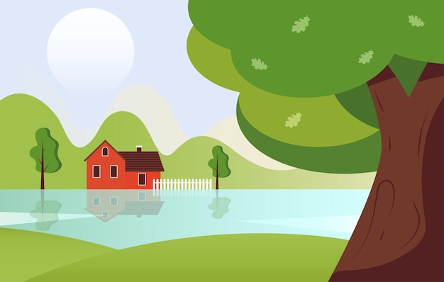 Paisaje de verano con árboles de un lago deja una casa en el horizonte