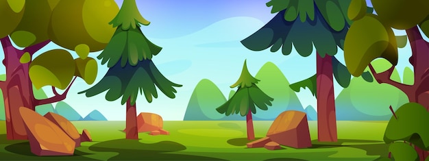 Paisaje de verano del bosque con abetos y robles piedras y un claro Vector de verano dibujos animados