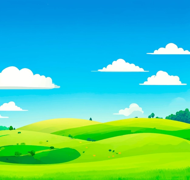 Vector paisaje de verano con colinas verdes en una ilustración al aire libre de estilo de dibujos animados