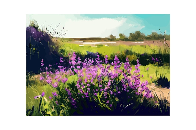 Paisaje de verano con flores silvestres de color púrpura y hierba Diseño de ilustración vectorial