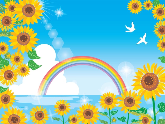 Vector paisaje de verano girasol y mar y arco iris.