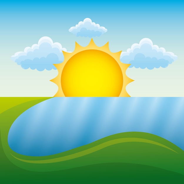 Vector paisaje de verano con hierba y prado río