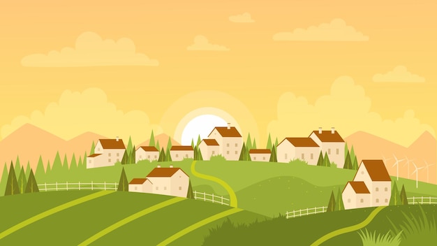 Paisaje de verano con ilustración de pueblo y amanecer