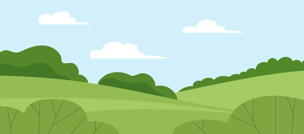 Paisaje de verano de la naturaleza panorama con campos de bosques verdes y cielo azul ilustración de vector plano
