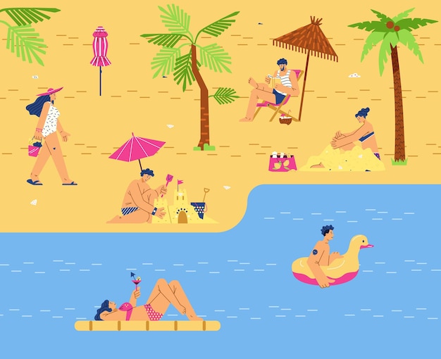 Paisaje de verano con palmeras, la gente descansa en la playa en la ilustración plana del vector de la costa