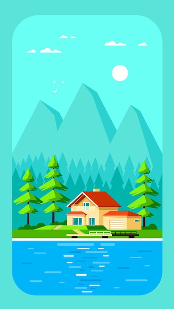 Vector paisaje de verano con pinos y lago.