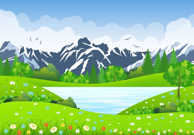 Vector paisaje de verano con prados y montañas.