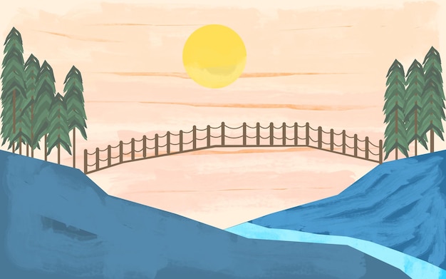 Vector paisaje de verano con puente de montañas y pinos pintura de paisaje de acuarela